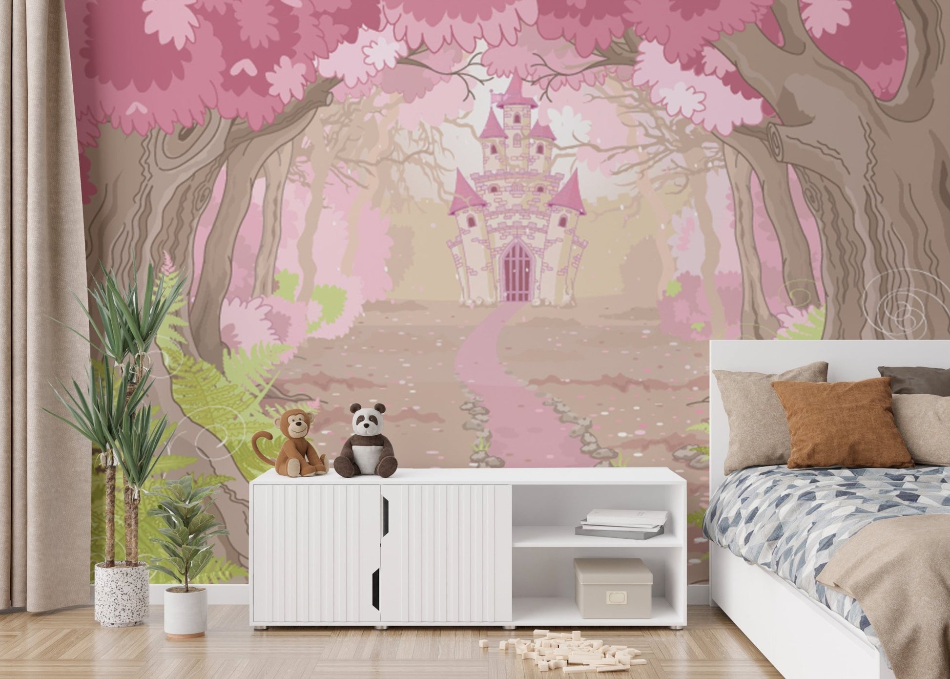 Fairytale-themed majestic castle mural for serene bedroom wall spaces.

