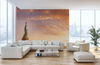 Sunset city skyline wall mural in a minimalist living room setting.