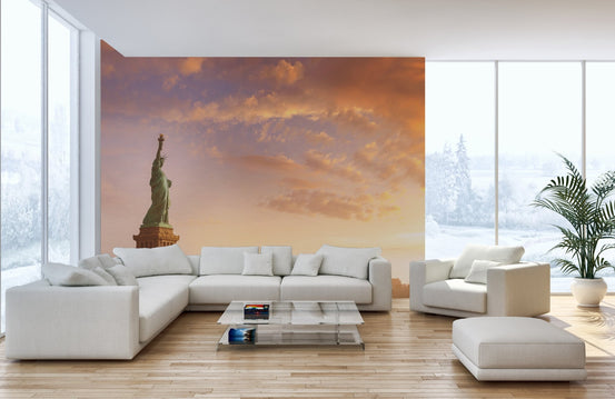 Sunset city skyline wall mural in a minimalist living room setting.