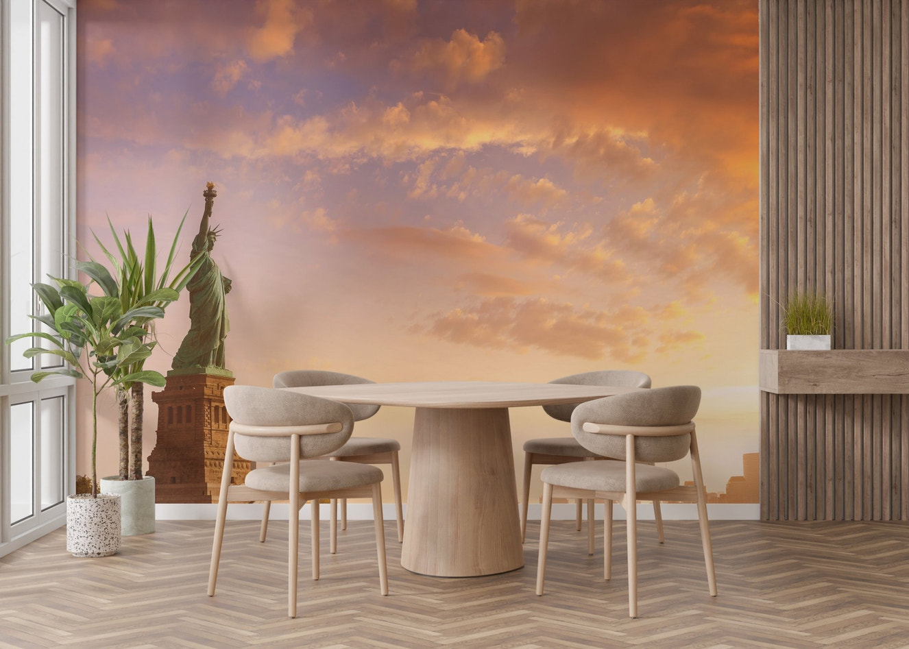 Warm sunset cityscape wall mural backdrop for a contemporary dining area.
