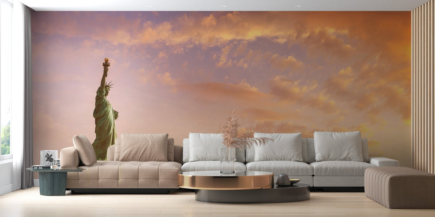 Cityscape sunset wall mural in a bright and airy living area.