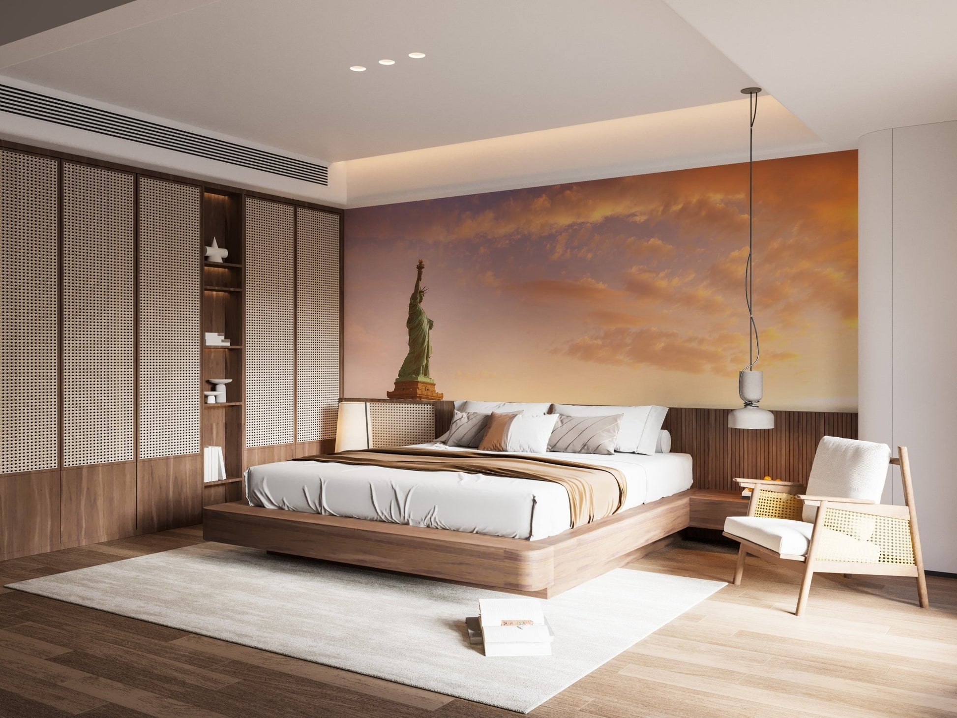 Modern bedroom with Manhattans Legacy wall mural showing a sunset skyline.