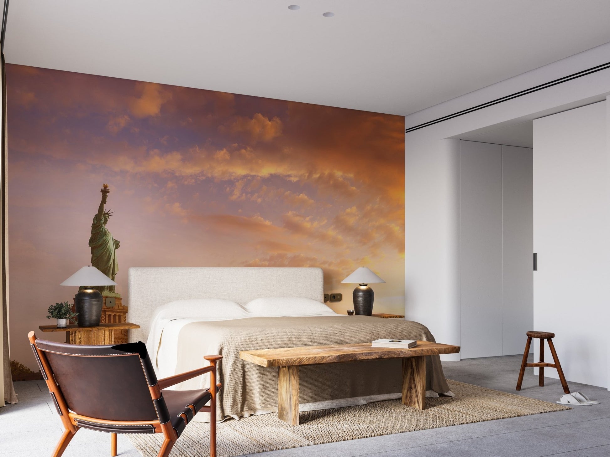 Bedroom feature wall with a warm toned Manhattans Legacy wallpaper mural