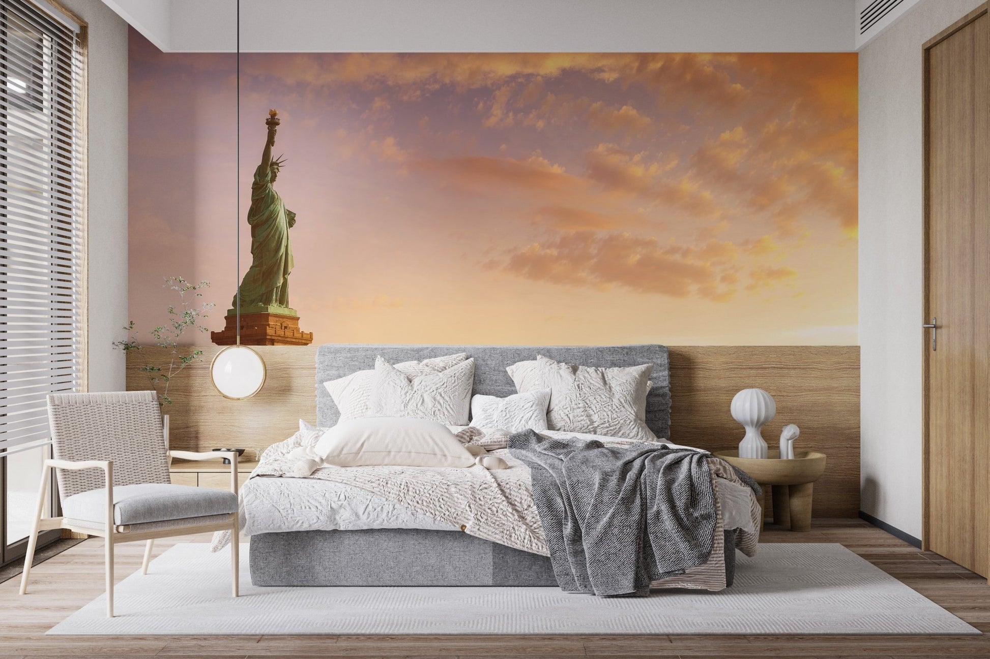 Bedroom design with a Manhattans Legacy wall mural and city views.