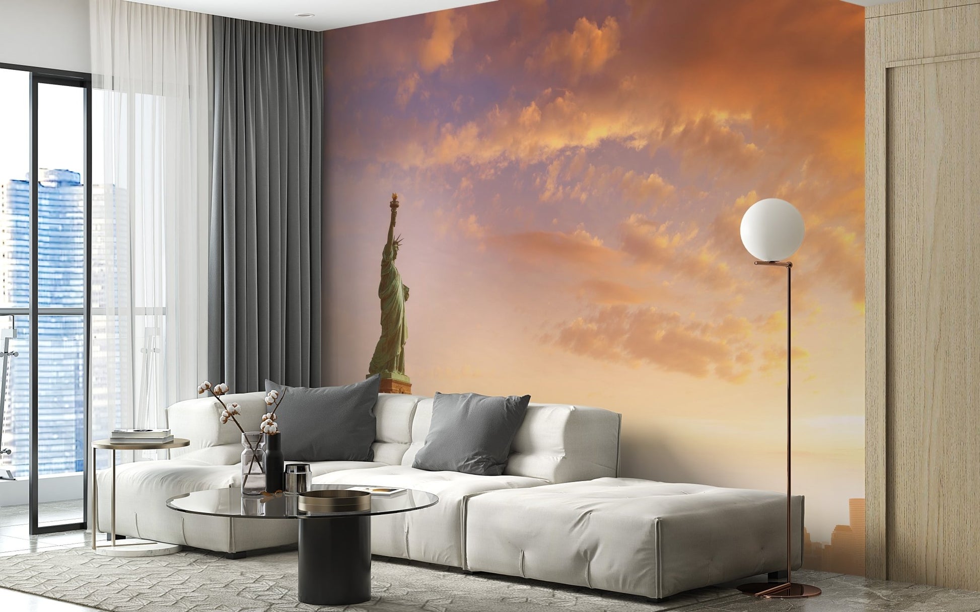 Skyline silhouette wall mural applied to a stylish living room feature wall.