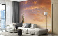 Skyline silhouette wall mural applied to a stylish living room feature wall.