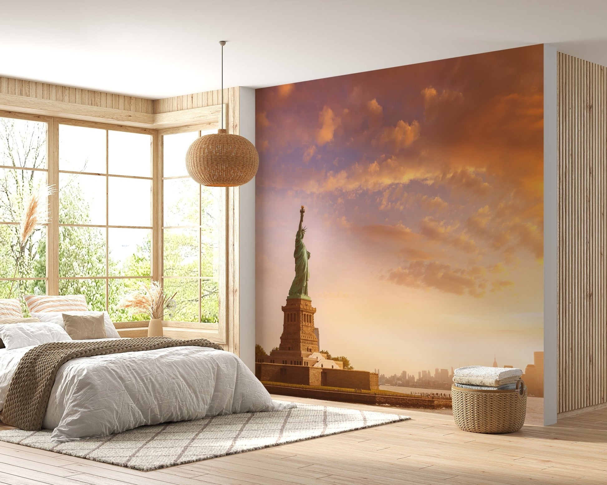 Sunset sky silhouette wall mural design for a peaceful bedroom atmosphere.