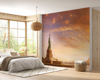 Sunset sky silhouette wall mural design for a peaceful bedroom atmosphere.