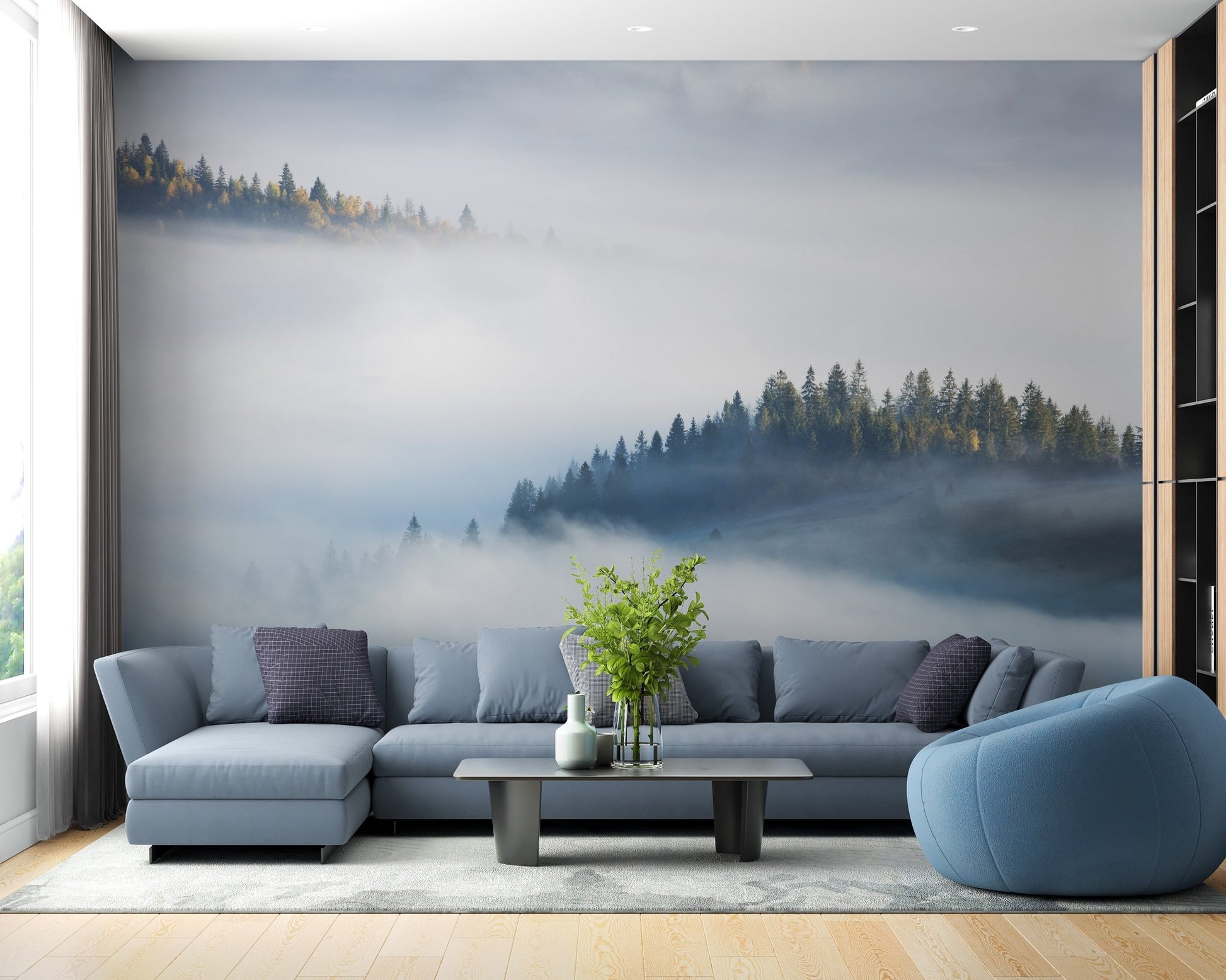 Blue sofa set against Maple Tree Veiled in Mist Mural.