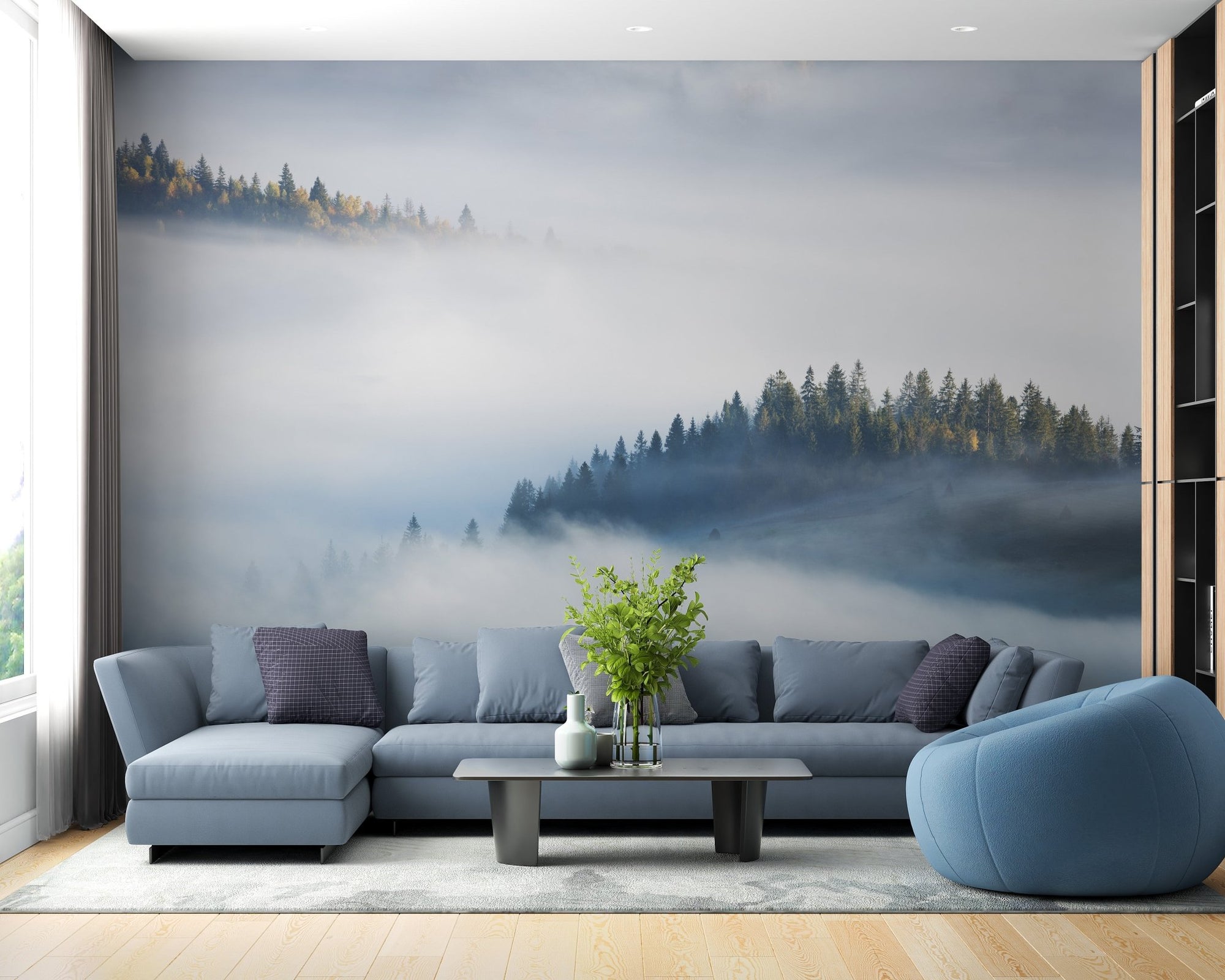 Blue sofa set against Maple Tree Veiled in Mist Mural.