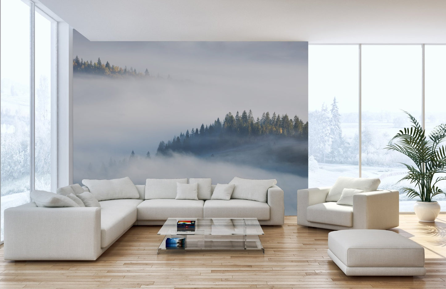 Open plan living area with a large scale maple tree  forest wall mural.