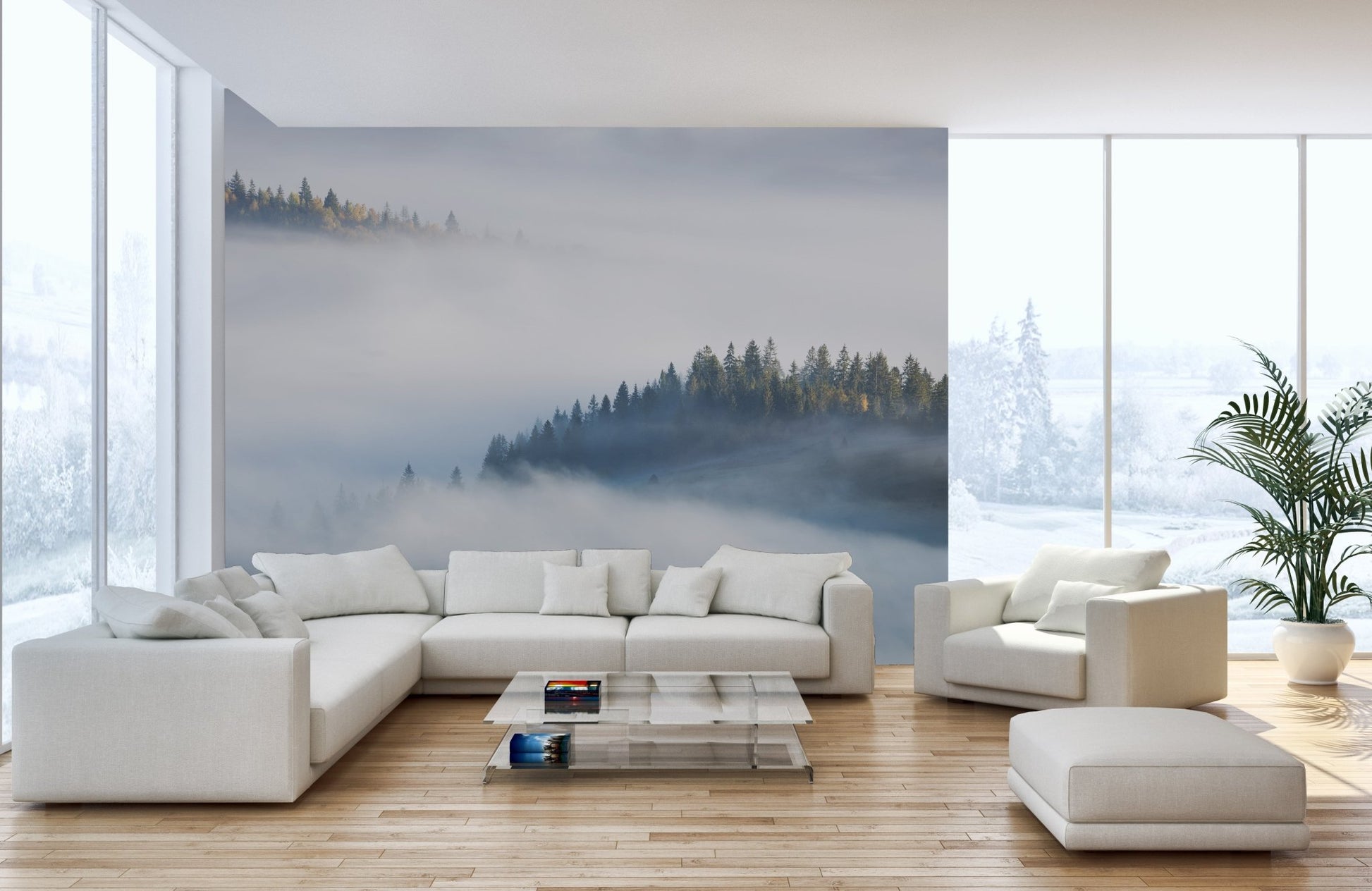 Open plan living area with a large scale maple tree  forest wall mural.