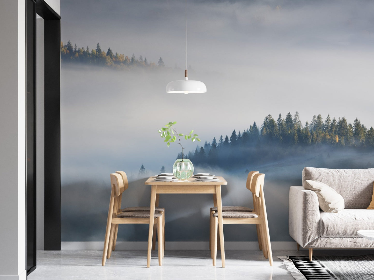 Small dining table next to Maple Tree Veiled in Mist Murals.