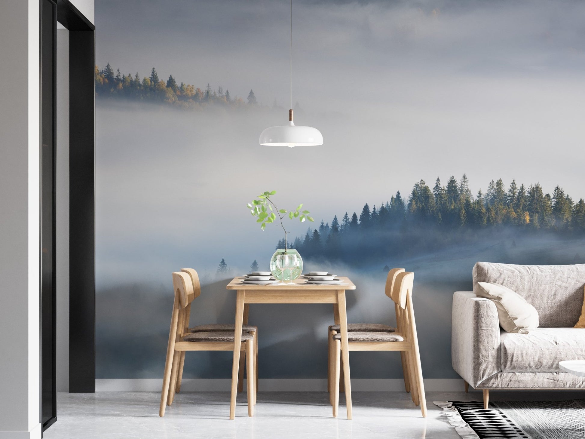 Small dining table next to Maple Tree Veiled in Mist Murals.