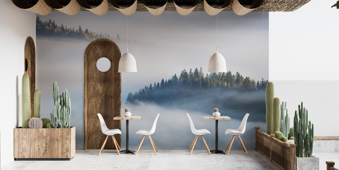 Contemporary dining room with foggy maple tree landscape wall mural.