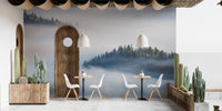 Contemporary dining room with foggy maple tree landscape wall mural.