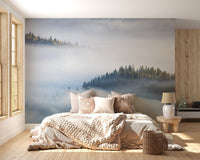 Minimalist bedroom with Maple Tree Veiled in Mist Murals.