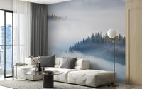 Luxury living room with misty landscape wallpaper mural and white sofa.
