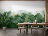 Wooden dining set with a tropical green marble texture wall mural.