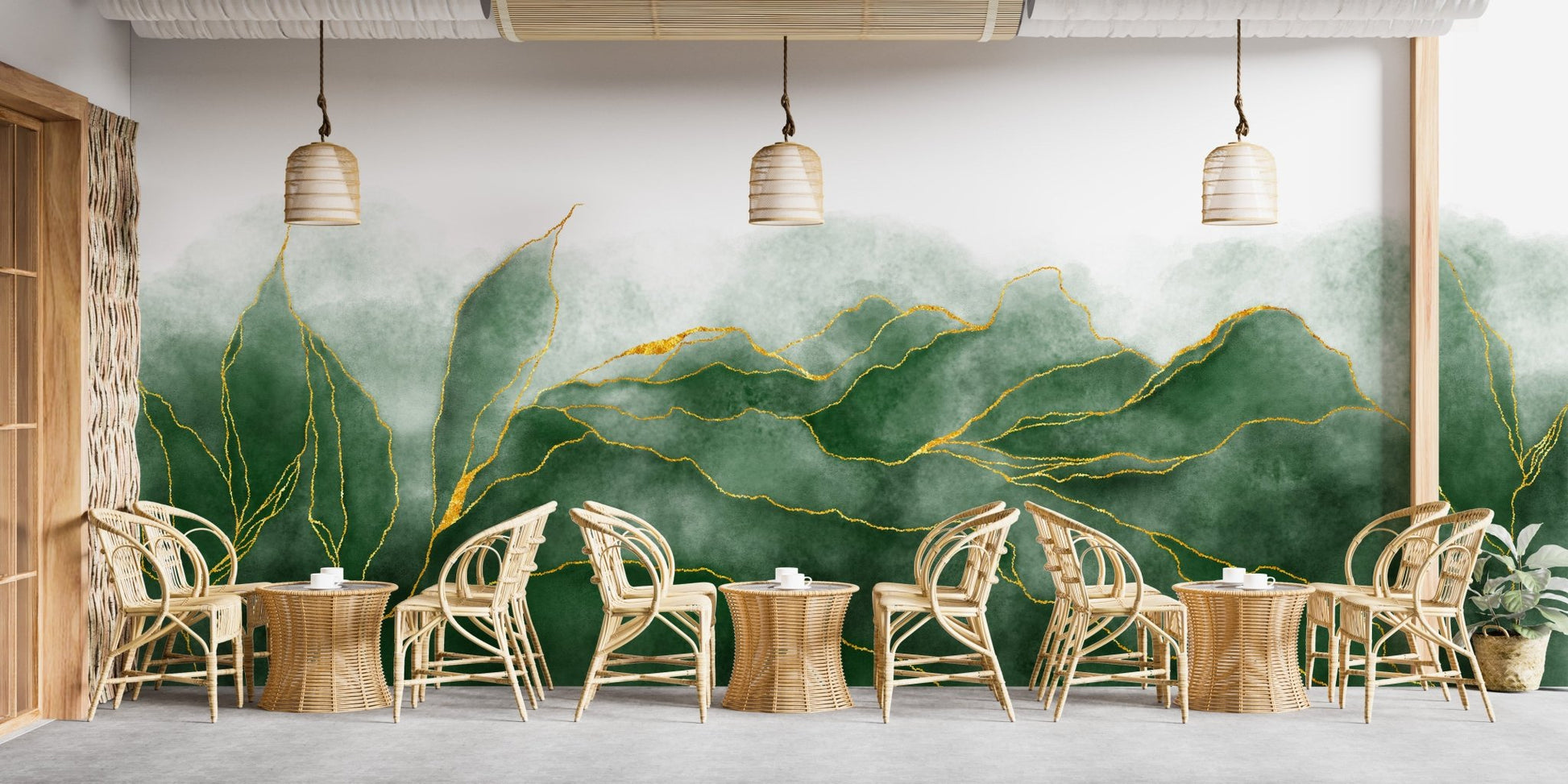 Dining area with wooden furniture and green marble texture wall mural.