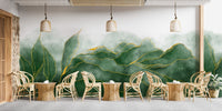 Dining area with wooden furniture and green marble texture wall mural.