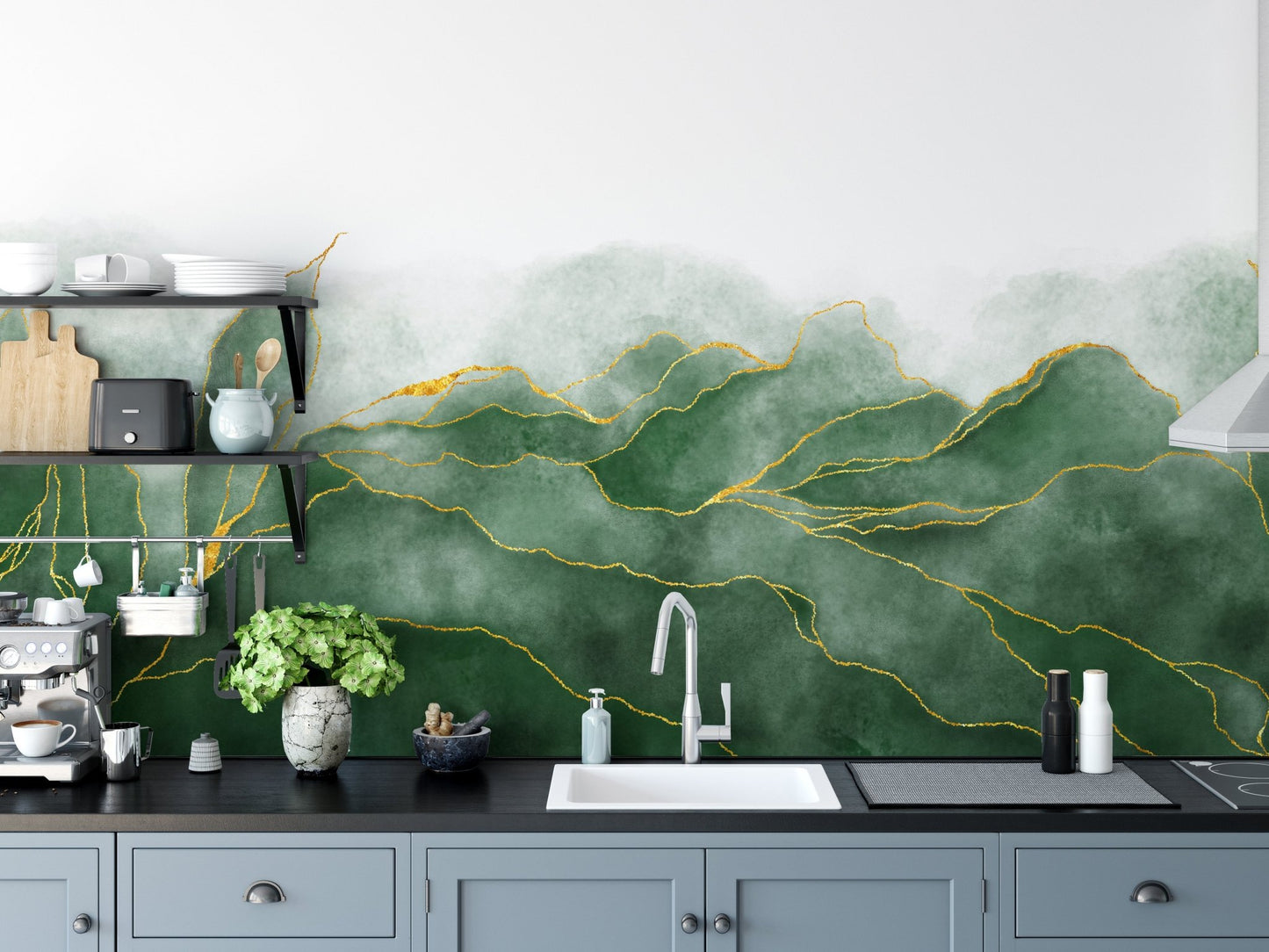 Kitchen counter with a sage green watercolor mountain wall mural.