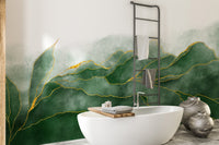 Modern bathtub area featuring a marble texture green wall mural.