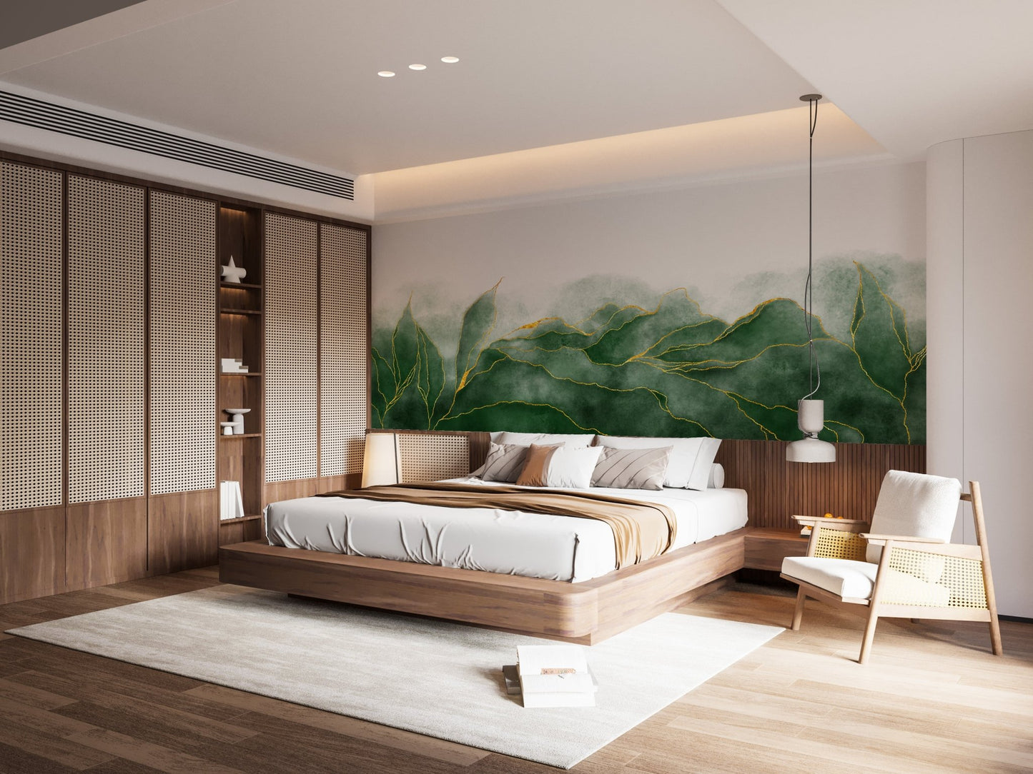 Marble texture lush green wall mural for modern bedroom interiors