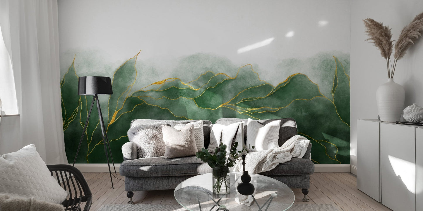 Living room sofa set against a green and gold mountain wall mural
