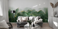 Living room sofa set against a green and gold mountain wall mural