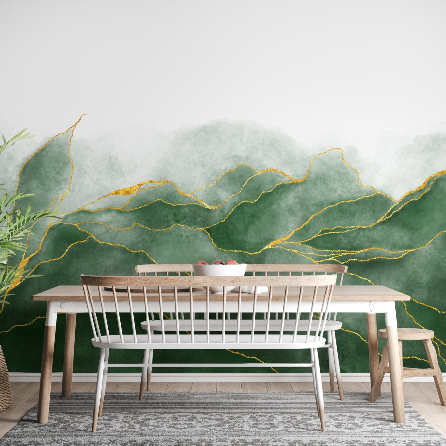 Dining table with a large green marble landscape wall mural backdrop.