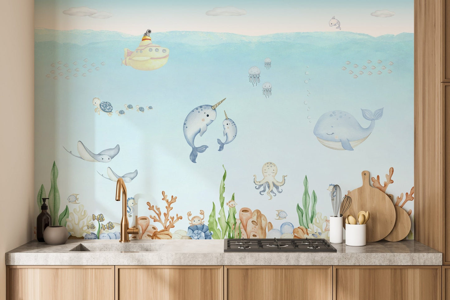 Vibrant mural showcasing underwater marine creatures for kitchen walls.
