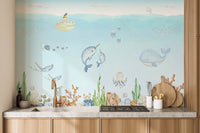 Vibrant mural showcasing underwater marine creatures for kitchen walls.
