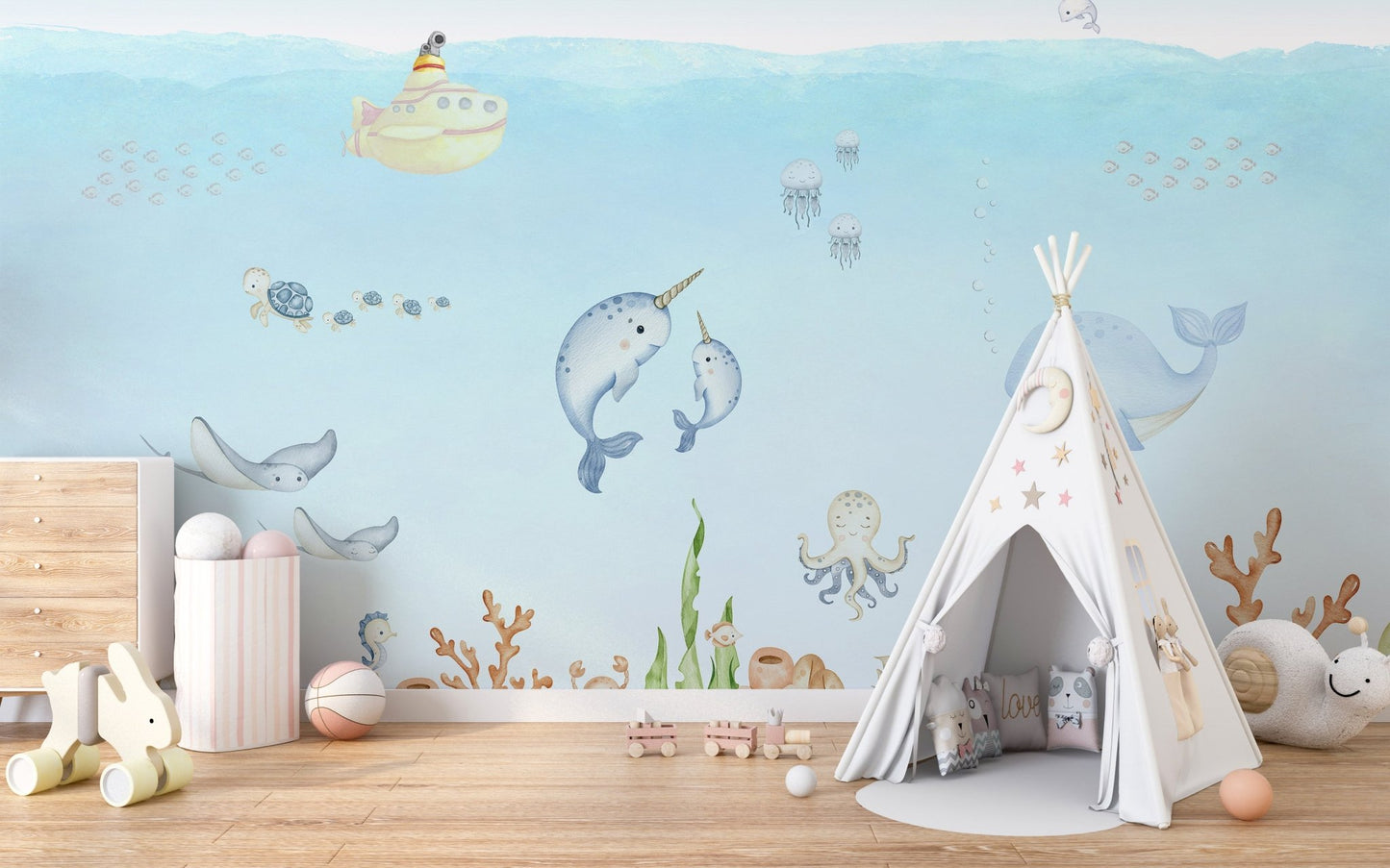 Decorative mural featuring a fun submarine underwater scene.
