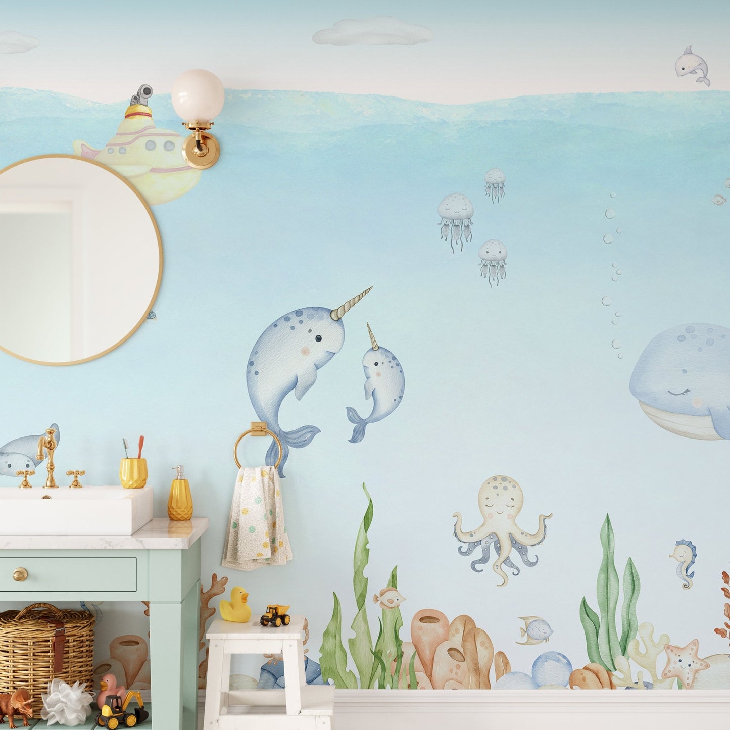 Playful mural featuring marine friends on a submarine adventure.

