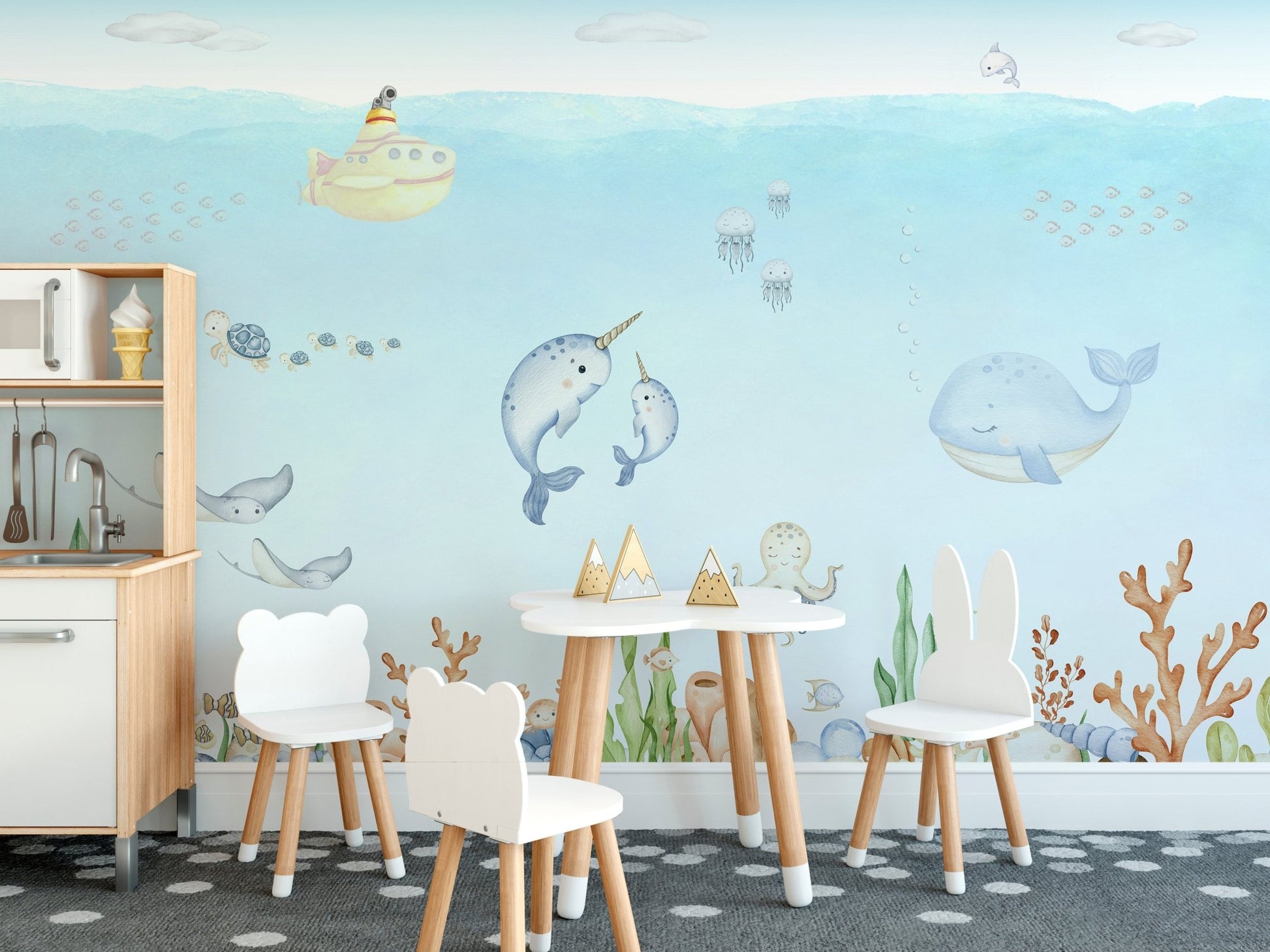 Marine friends and submarine adventure design for kids' rooms.
