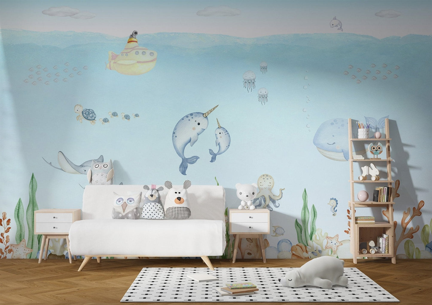 Submarine-themed mural with adorable marine friends for nursery walls.
