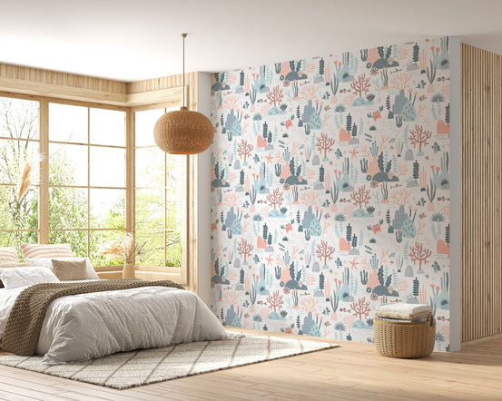 Bedroom wallpaper featuring marine life behind a large bed and wooden window.