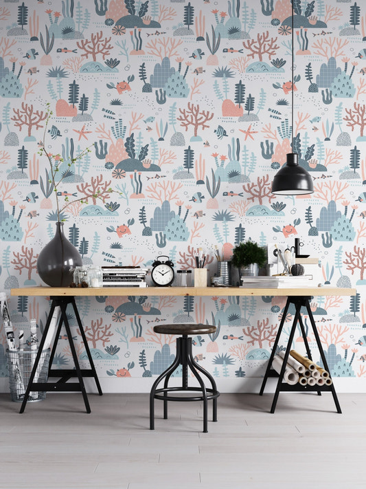 Marine Life Coral Reef wallpaper in a home office with black desk and stool.