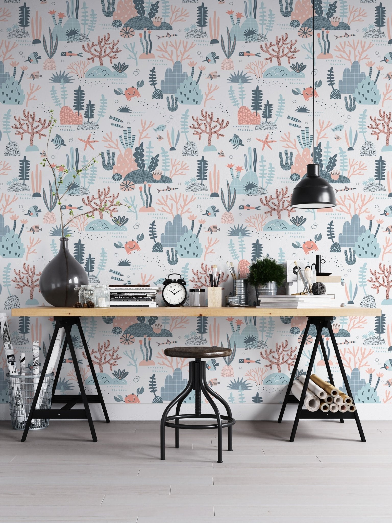 Marine Life Coral Reef wallpaper in a home office with black desk and stool.