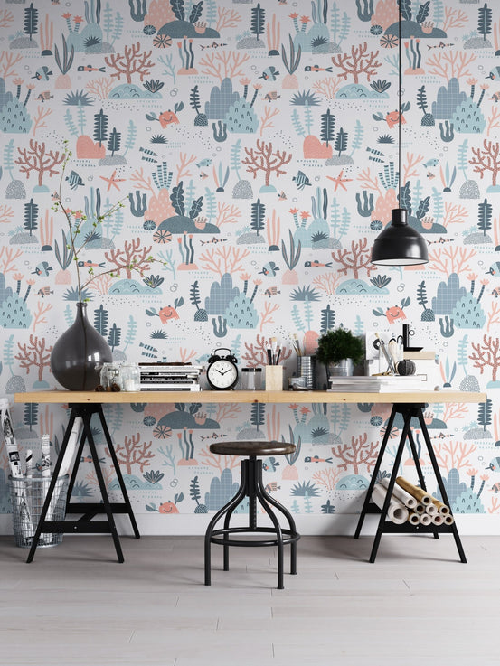 Marine Life Coral Reef wallpaper in a home office with black desk and stool.