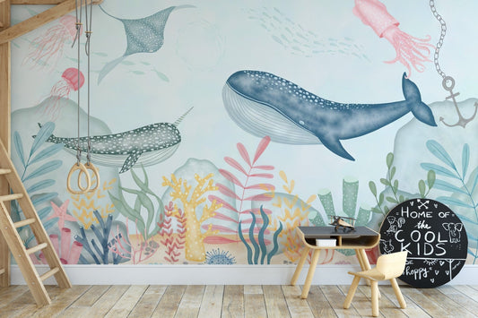 Underwater ocean theme wall mural wallpaper in soft pastel color.