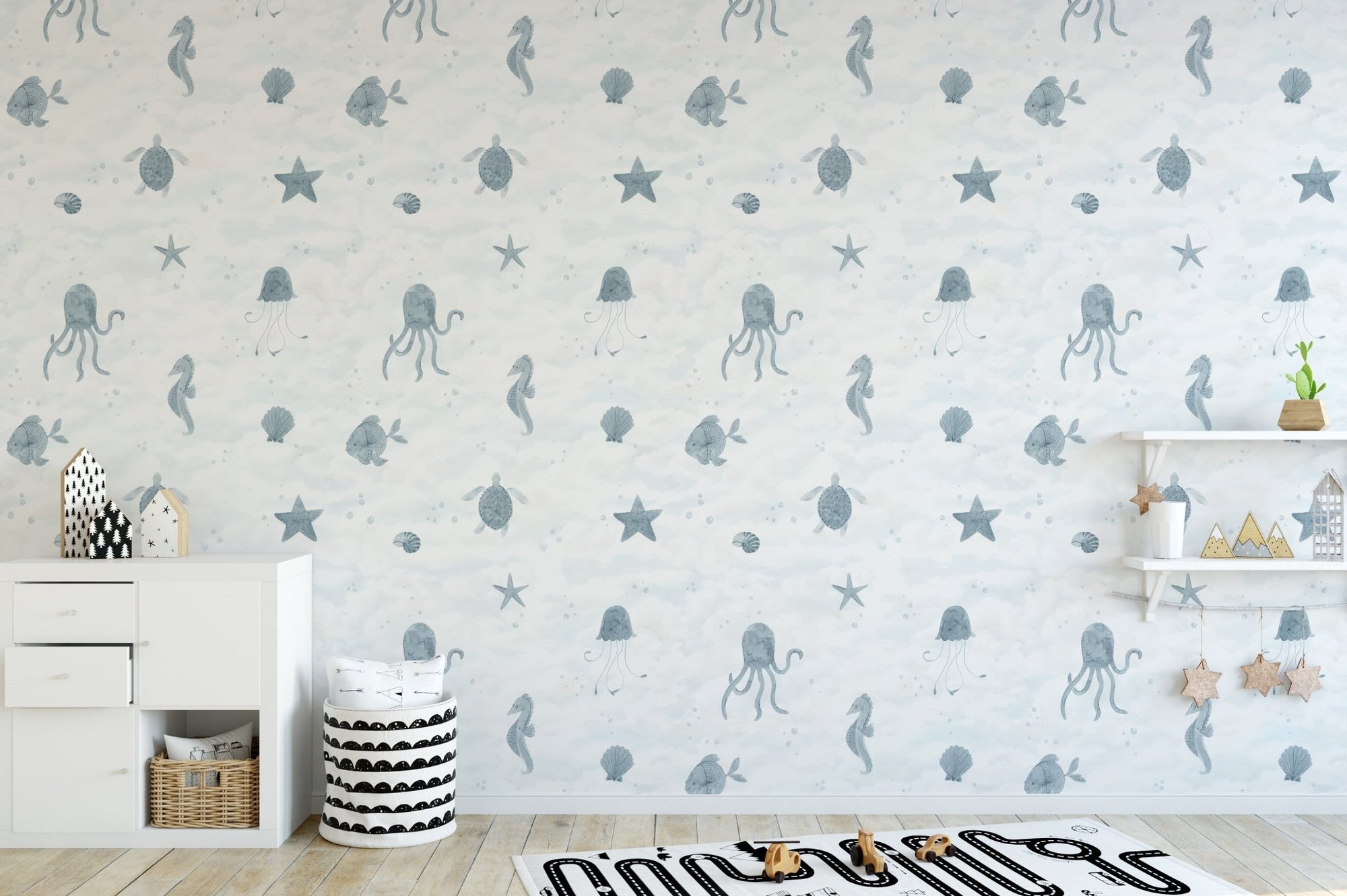 Calm aquatic pattern wallpaper mural for modern wall decor styling.