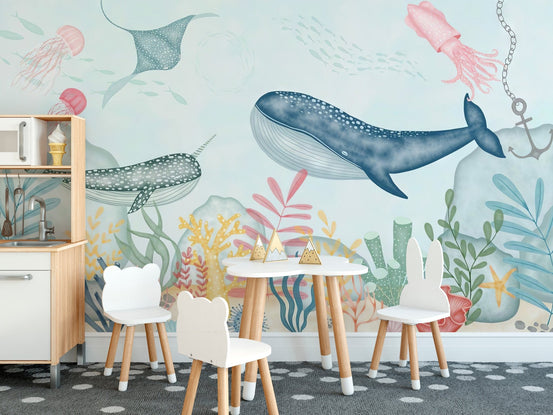 Marine life wallpaper mural with whales and coral illustration.