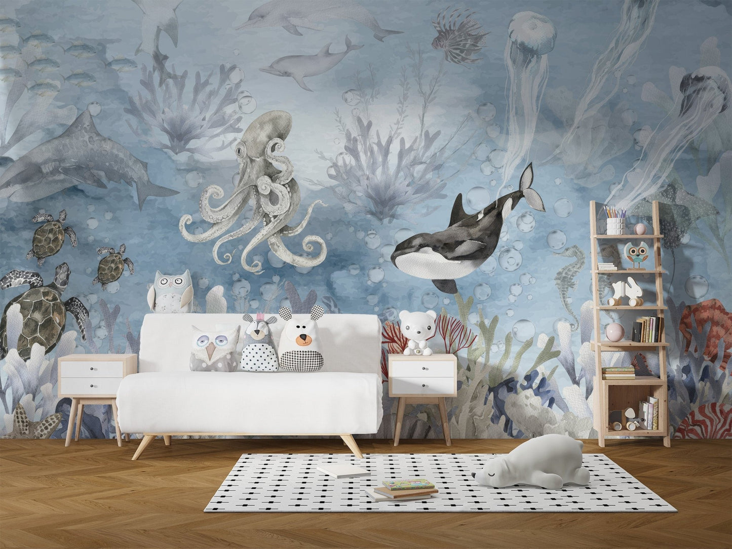 Blue aquatic wallpaper featuring sea life illustration design.