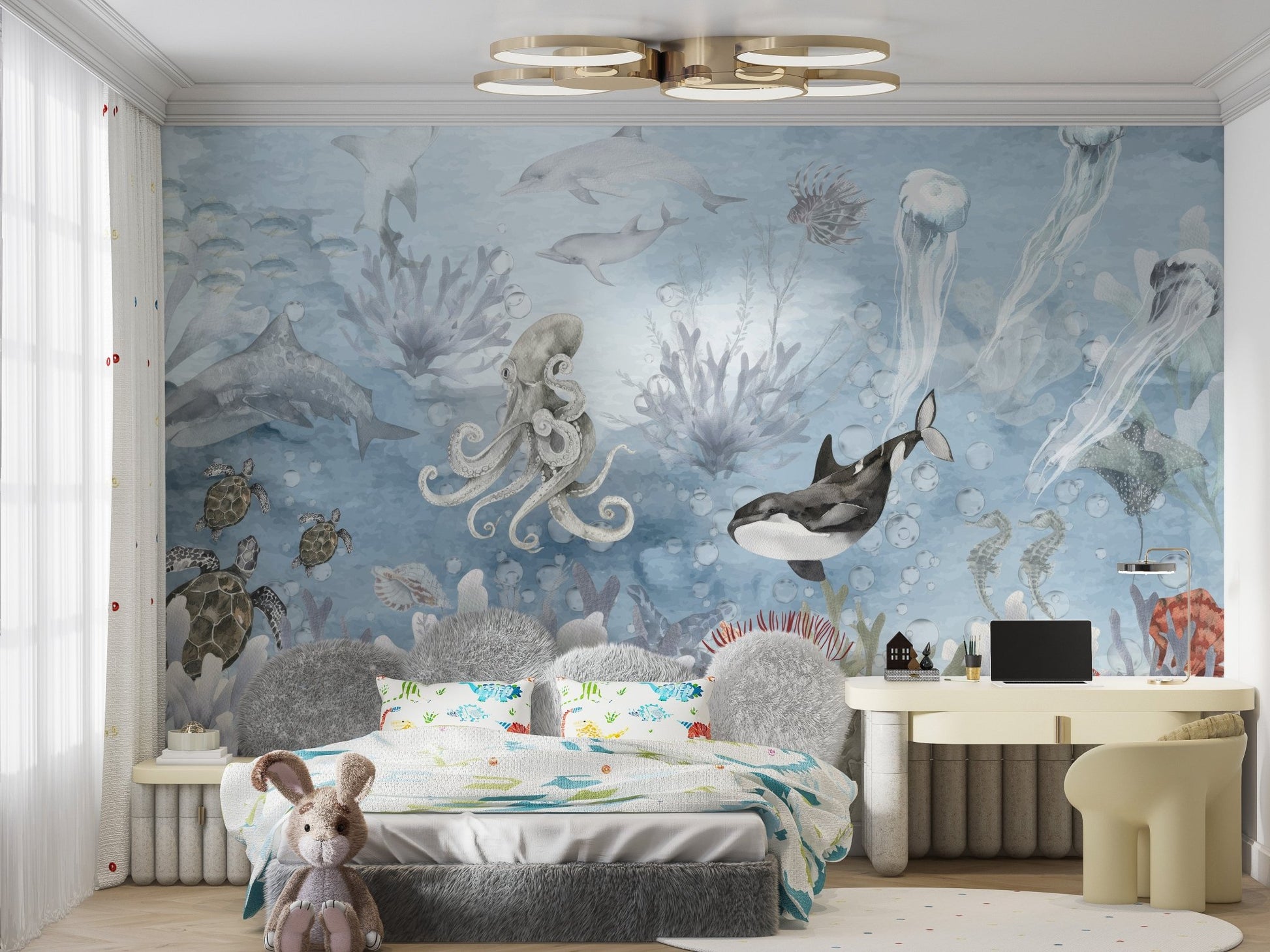 Coastal inspired wall mural in muted blue and grey tones.