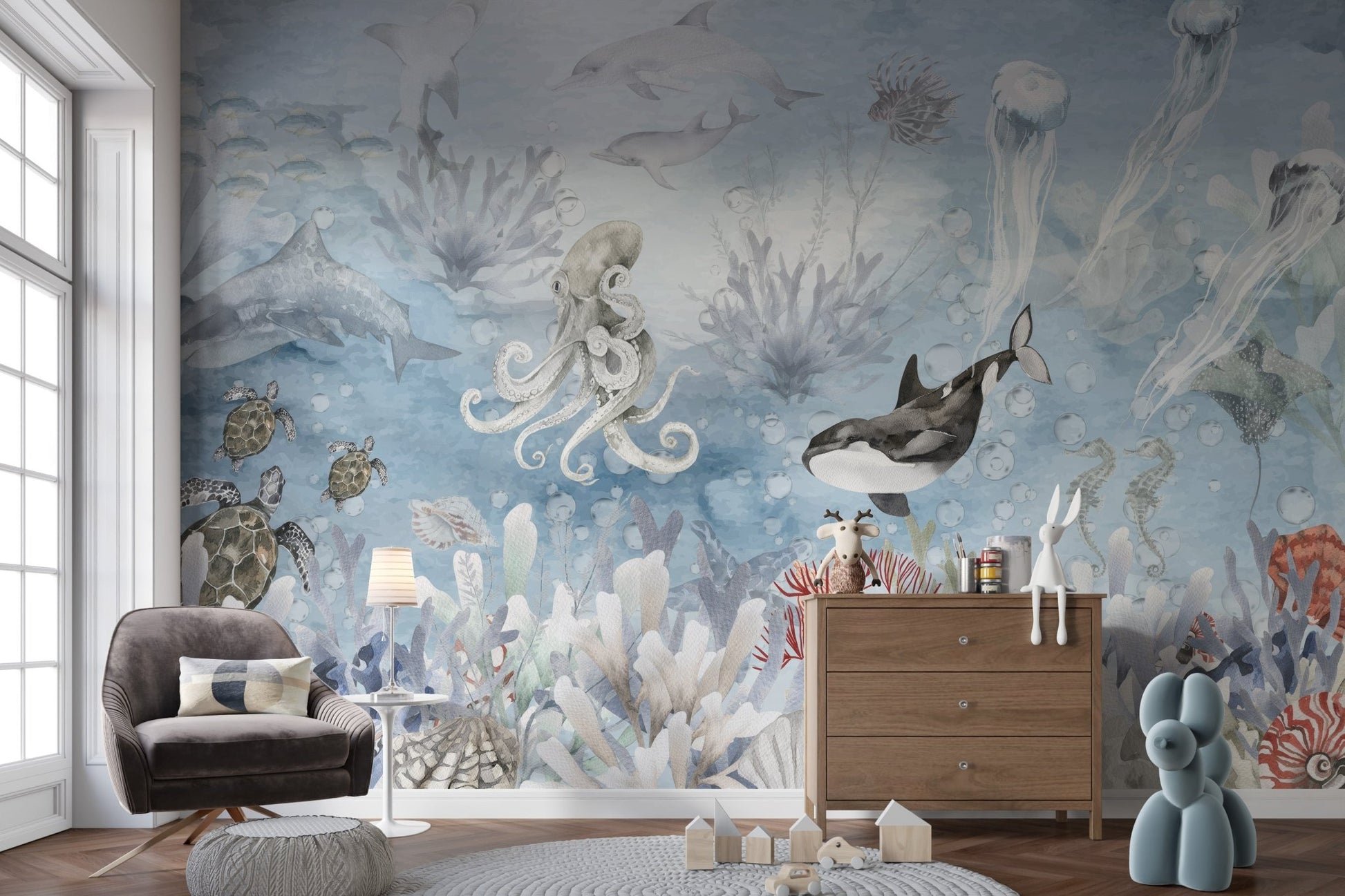 Marine theme wall mural with dolphins turtles and jellyfish art.