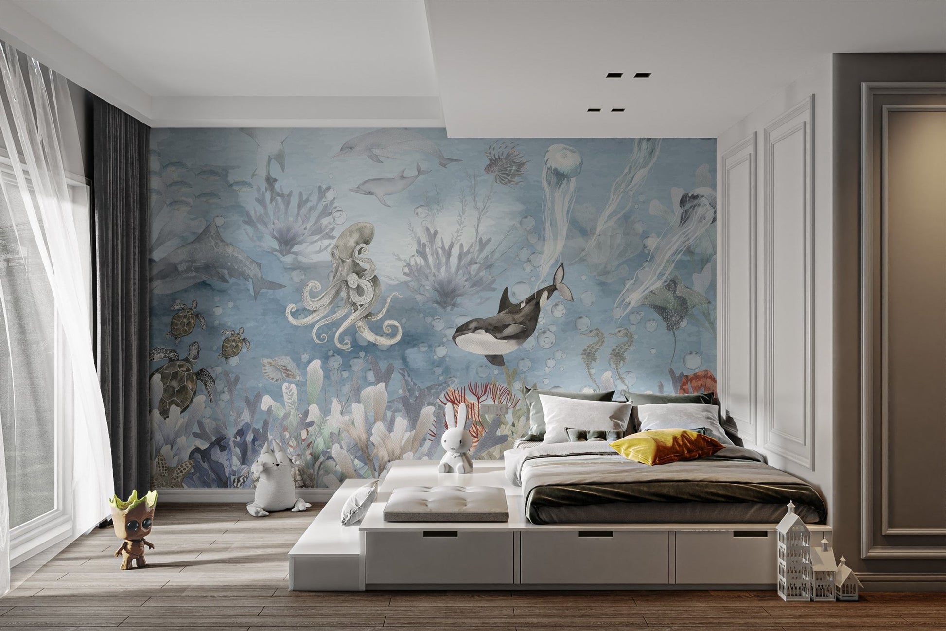 Nautical marine animals wallpaper with bubbles and reef art.