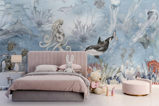 Marine life wonders wall mural blue ocean animals wallpaper.