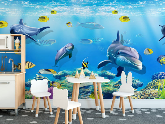 Marine Magic Underwater Dolphin wall mural in a kids study with blue ocean theme